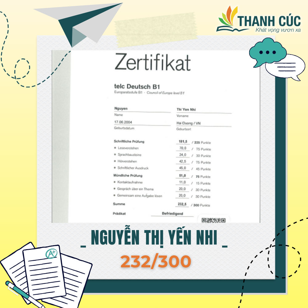 CHỨNG CHỈ B1 CỦA HỌC VIÊN THANH CÚC