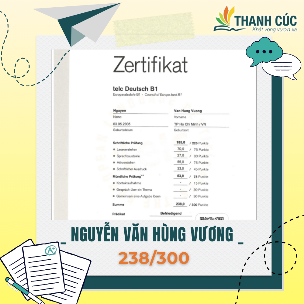 CHỨNG CHỈ B1 CỦA HỌC VIÊN THANH CÚC