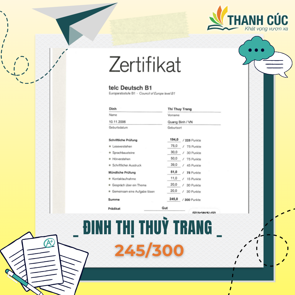 CHỨNG CHỈ B1 CỦA HỌC VIÊN THANH CÚC