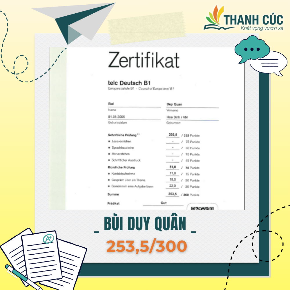 CHỨNG CHỈ B1 CỦA HỌC VIÊN THANH CÚC